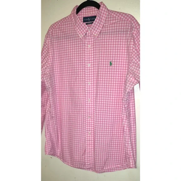 Ralph Lauren Gingham Shirt Mens XL Pink White Custom Cotton Resort Party Pony - Picture 6 of 16